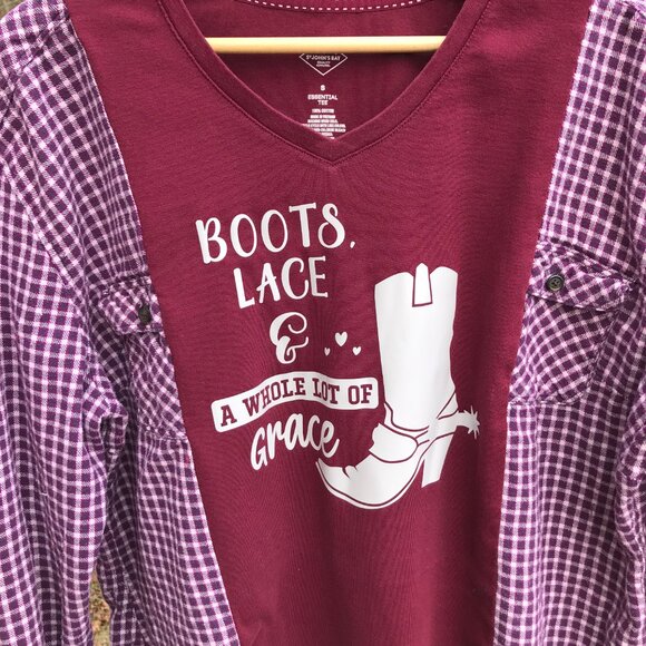 Upcycled Tee, Flannel Sleeves, Size M-L: Reworked Cowgirl Boot Graphic Shirt - Picture 9 of 10